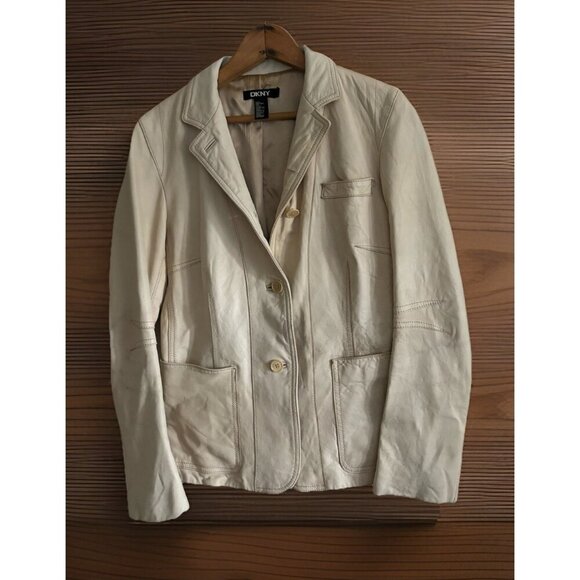 DKNY Cream Yellow Y2k Leather Front Pockets Fully Lined Blazer Jacket Size 6